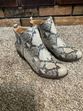 Lucky Brand Basel Snake-Print Ankle Booties in Beige and Gray 8M